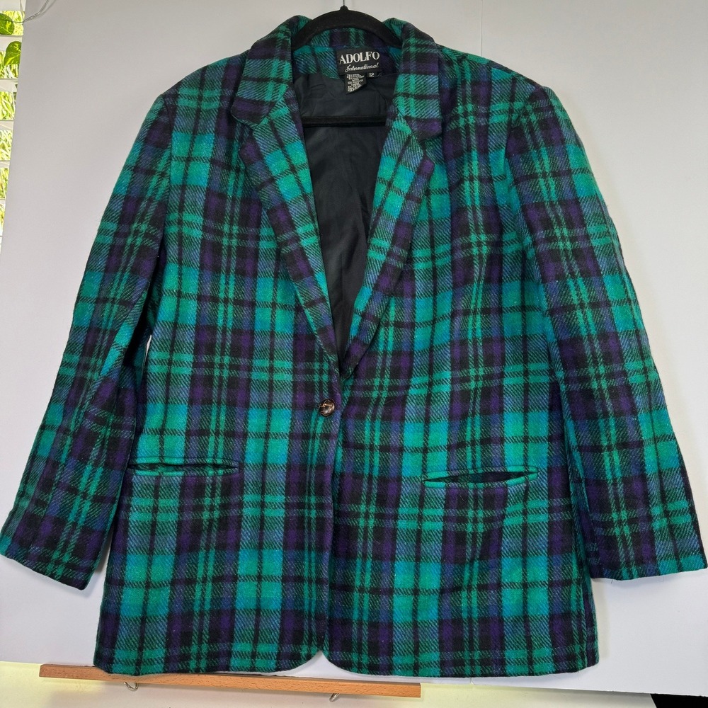 Adolfo International Womens Plaid Wool Blend Blazer Green Purple Black Size 12